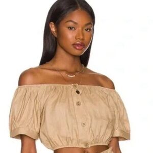Eberjey Top Women's Linen Harper Khaki Crop Tan Sz L NWOT